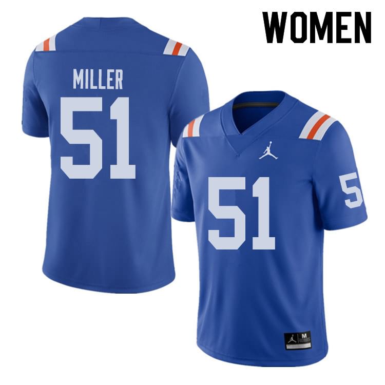 Women's NCAA Florida Gators Ventrell Miller #51 Stitched Authentic Alternate Jordan Brand Royal Throwback College Football Jersey FBY7465RT